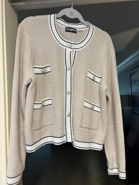 Karl Lagerfeld Beige Knit Cardigan with Black & White Trim